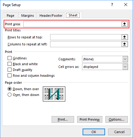 Page Setup dialog box in Excel 2016