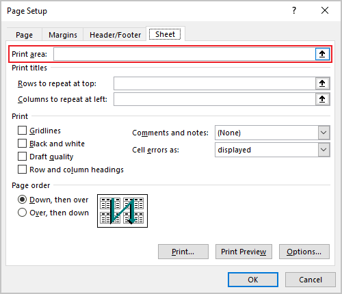 Page Setup dialog box in Excel 365