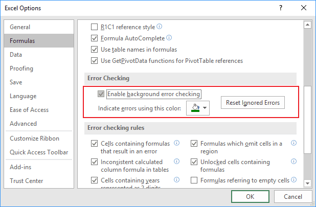 Error checking in Excel 2016 Error checking in Excel 2016