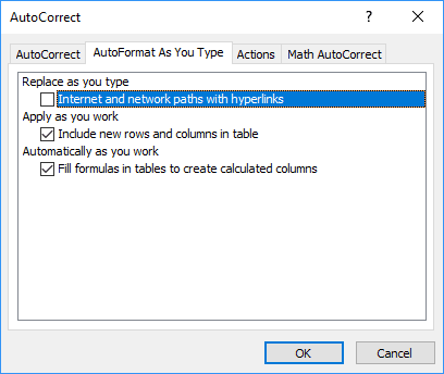 Internet and network paths with hyperlinks in Excel 2016