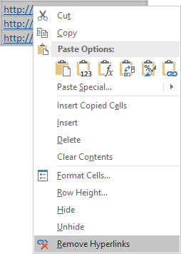 Remove hyperlinks in Excel 2016
