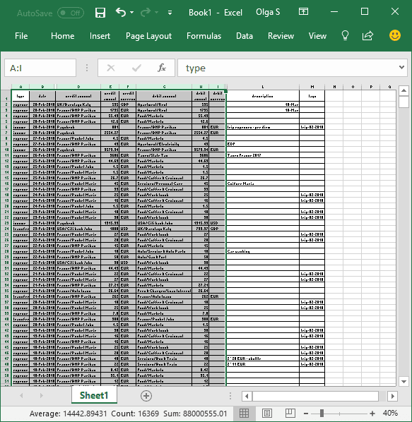 Select columns in Excel 2016