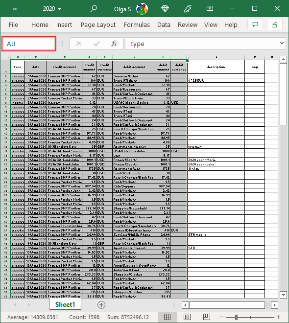 Select columns in Excel 365