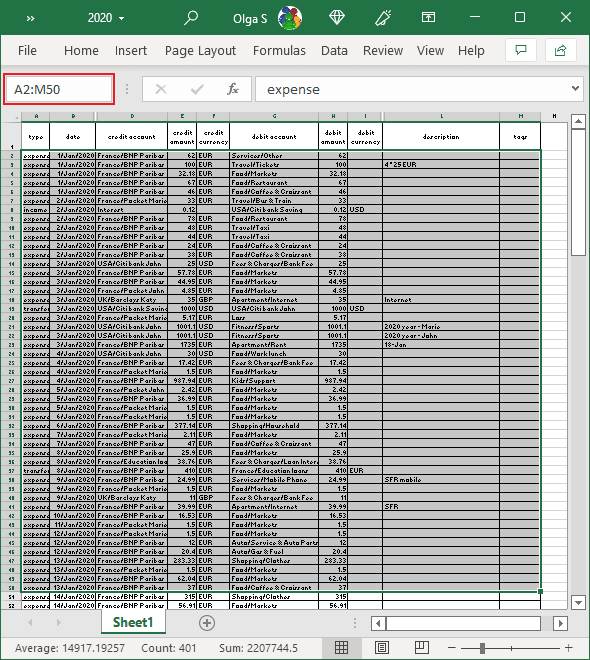 Select rectangular data range in Excel 365