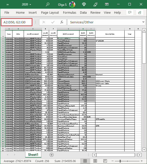 Select free form data ranges in Excel 365