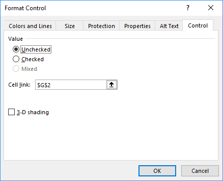 Format Control Option button in Excel 2016