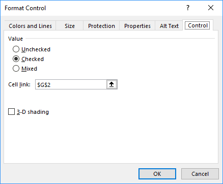 Format Control Check box in Excel 2016