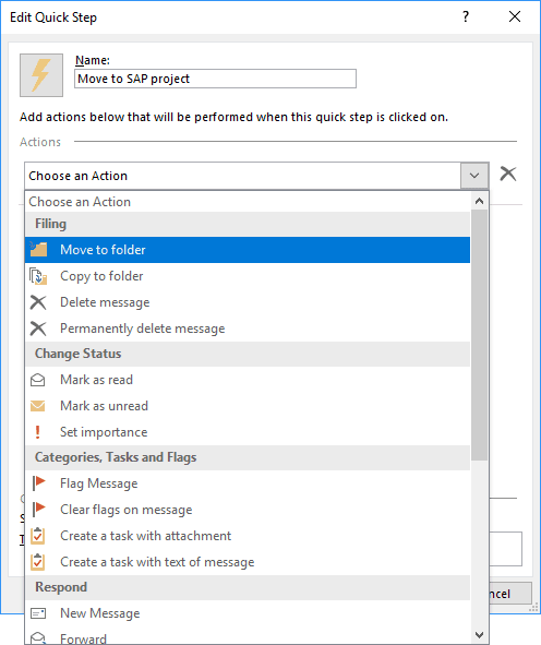 Actions drop-down list in Outlook 2016