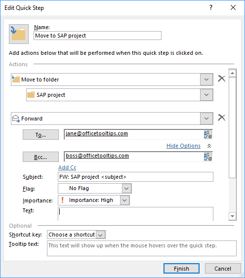 Actions in Edit Quick Step dialog box Outlook 2016