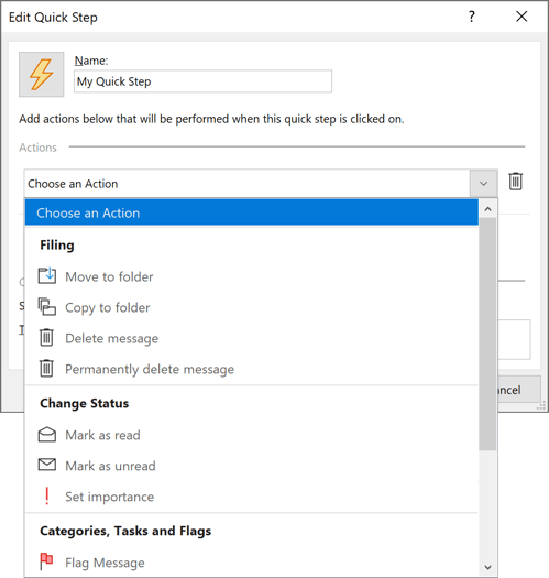 Actions drop-down list in Outlook 365