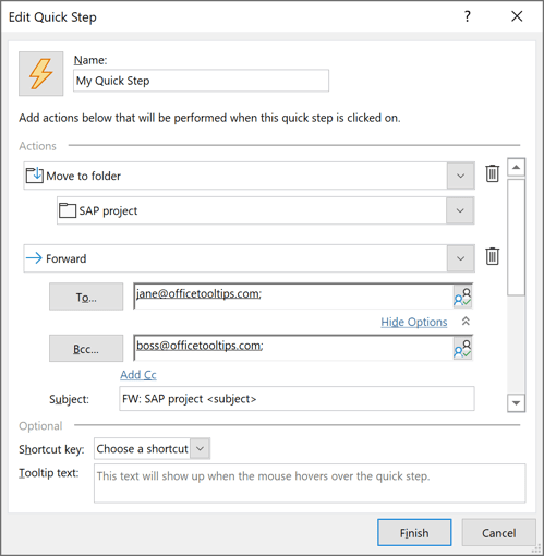 Actions in Edit Quick Step dialog box Outlook 365