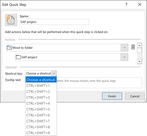 Shortcut key in Edit Quick Step dialog box Outlook 365