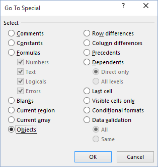 Objects in Excel 2016