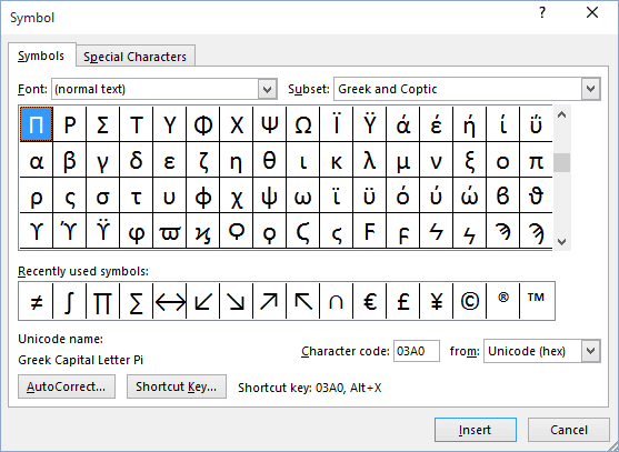 Symbol in Word 2016