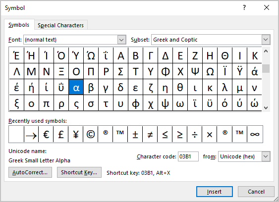 Symbol in Word 365