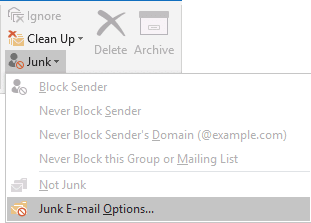 Junk E-mail Options in Outlook 2016