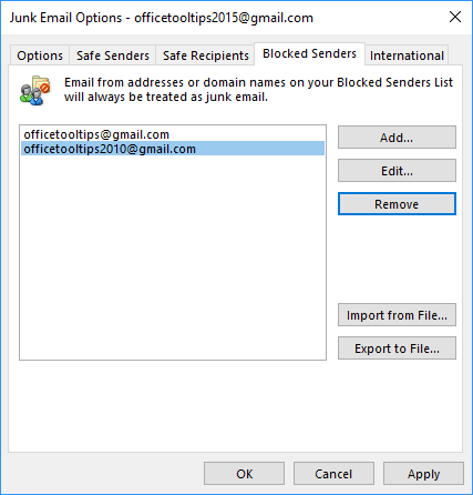 Blocked Senders in Junk E-mail Options dialog box Outlook 2016 Blocked Senders in Junk E-mail Options dialog box Outlook 2016