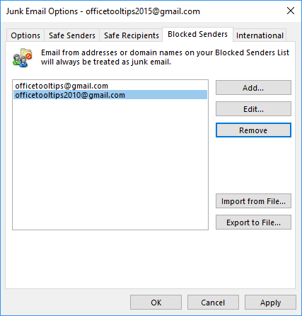 Blocked Senders in Junk E-mail Options dialog box Outlook 2016