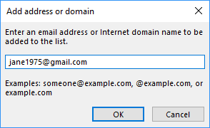 Add address or domain dialog box in Outlook 2016