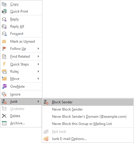 Junk in the popup menu Outlook 2016