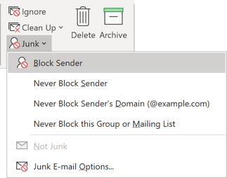 Junk drop-down list in Outlook 365