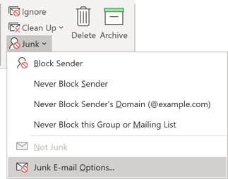 Junk E-mail Options in Outlook 365