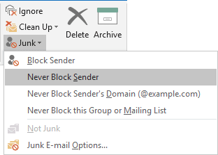 Junk drop-down list in Outlook 2016