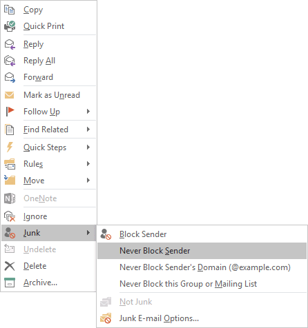 Junk in the popup menu Outlook 2016