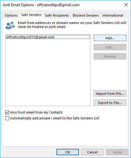Safe Senders in Junk E-mail Options dialog box Outlook 2016