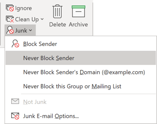 Junk drop-down list in Outlook 365