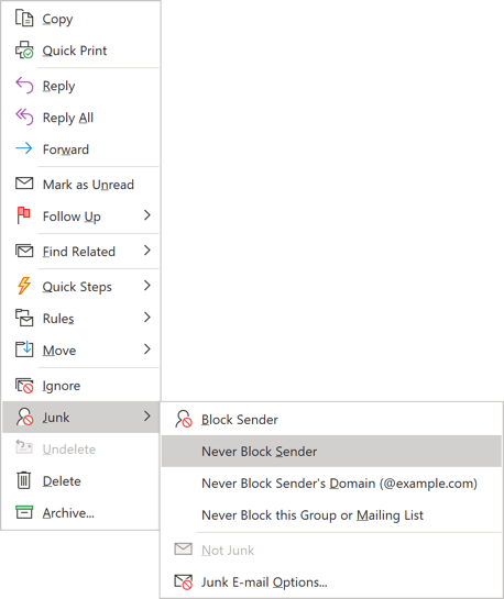 Junk in the popup menu Outlook 365