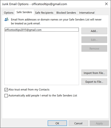 Safe Senders in Junk E-mail Options dialog box Outlook 365