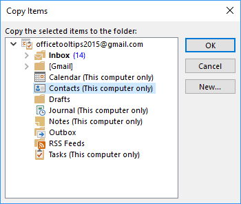 Copy Item dialog box in Outlook 2016