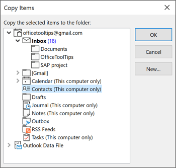 Copy Item dialog box in Outlook 365