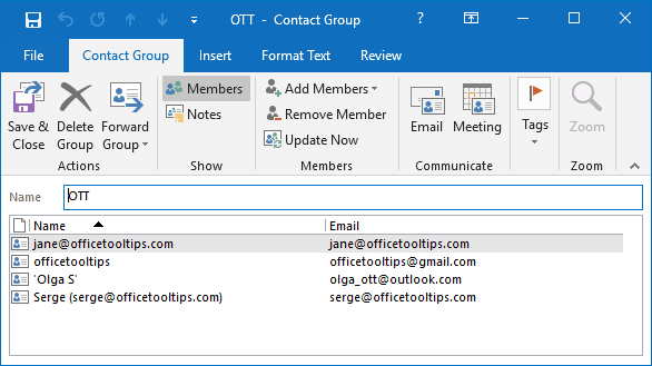 The smaller Contact Group in Outlook 2016