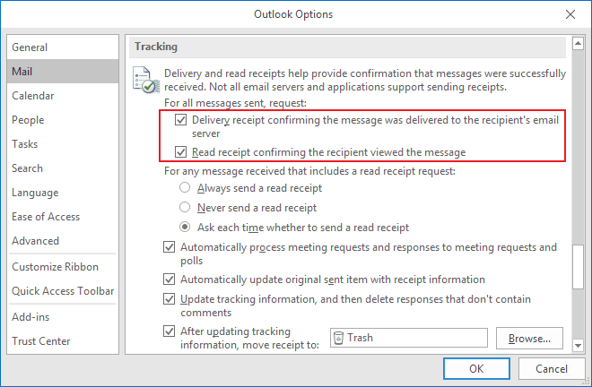 Tracking Options for outgoing messages in Outlook 2016