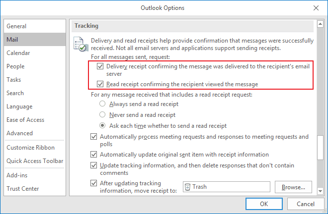 Tracking Options for outgoing messages in Outlook 2016 Tracking Options for outgoing messages in Outlook 2016