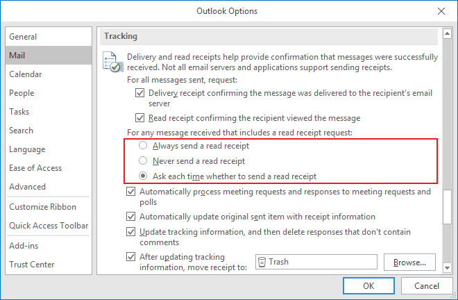 Tracking Options for incoming messages in Outlook 2016