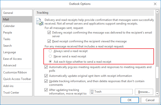 Tracking Options for incoming messages in Outlook 2016 Tracking Options for incoming messages in Outlook 2016