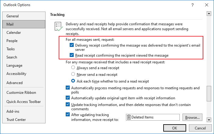 Tracking Options for outgoing messages in Outlook 365