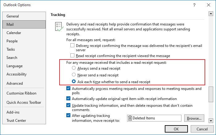 Tracking Options for outgoing messages in Outlook 365