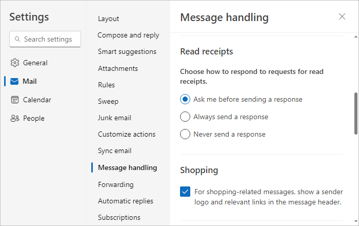Message handling tab in Settings Outlook for Web