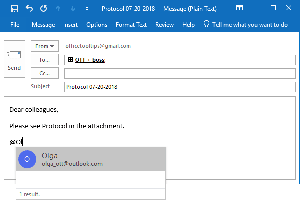 Example of @mentions in Outlook 365