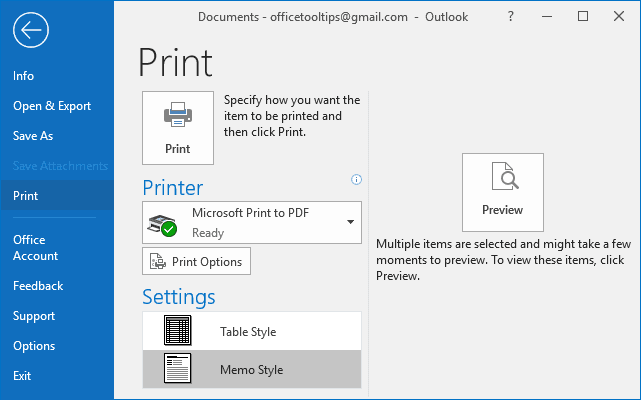 How print multiple emails a single file Outlook 2016