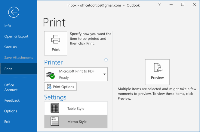 Print in Outlook 365