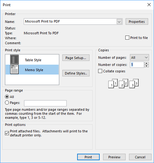 Print Options in Outlook 2016