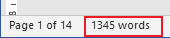 Example of Word Count in Status bar Word 2016