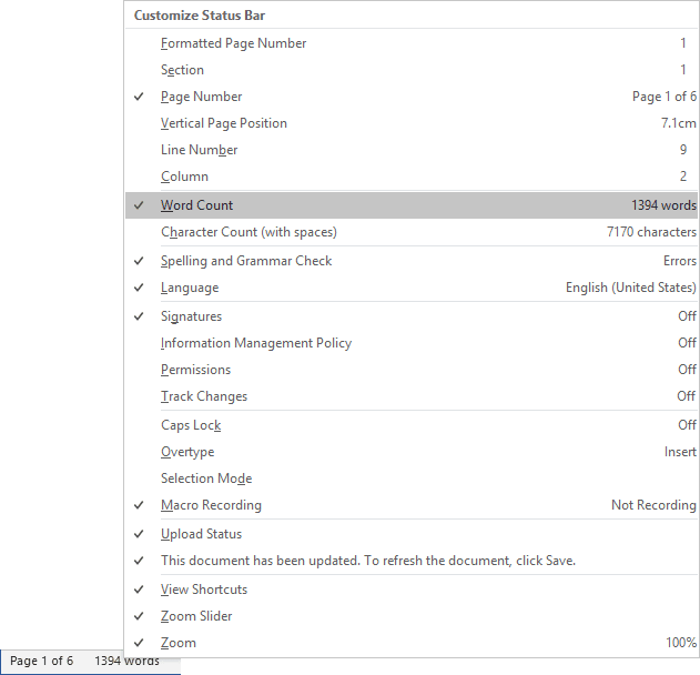 Status bar customization Word 2016
