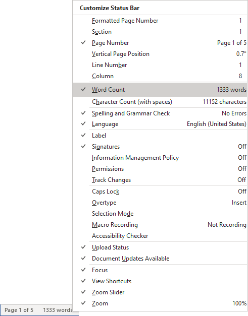 Status bar customization Word 365