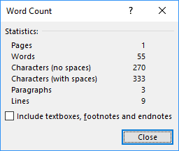 Example of Word Count in Word 2016